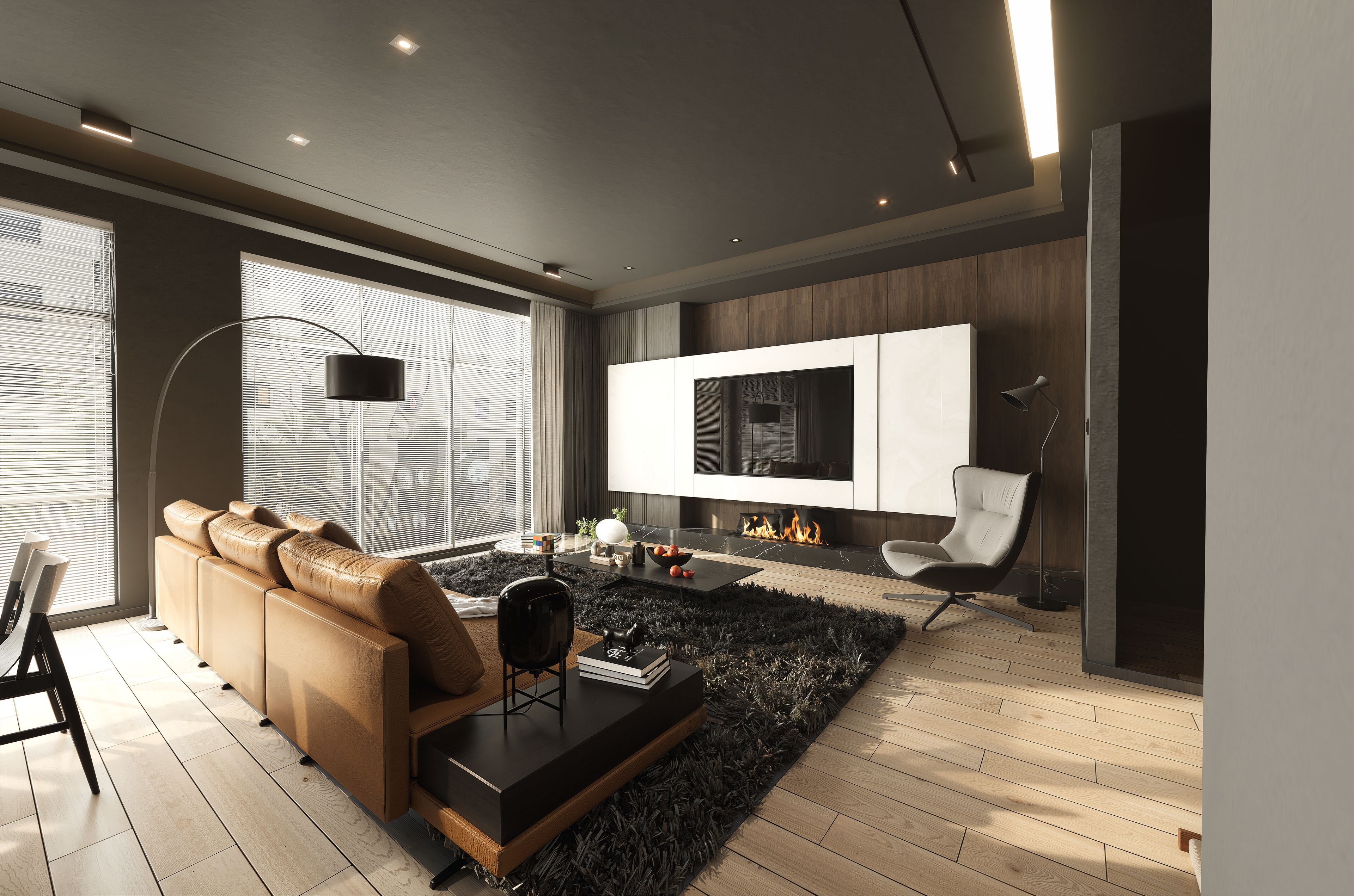 Apartamento de luxo com sistema de home theater 5.1 e iluminação cênica